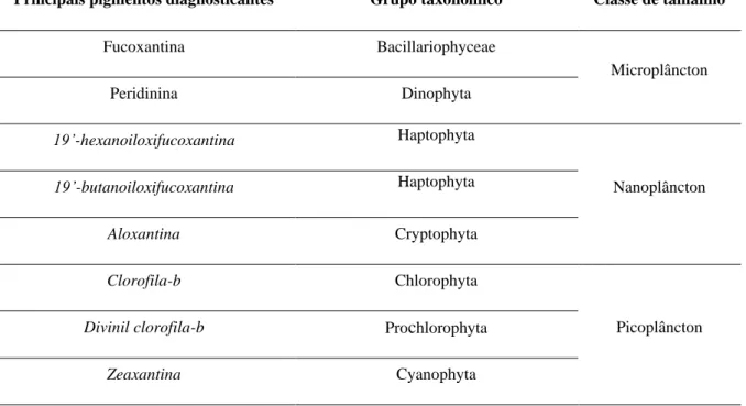Tabela  1.4  Principais  pigmentos  diagnosticantes  e  respetivos  grupos  taxonómicos,  mais  comuns,  e  a  classe  de  tamanho associada