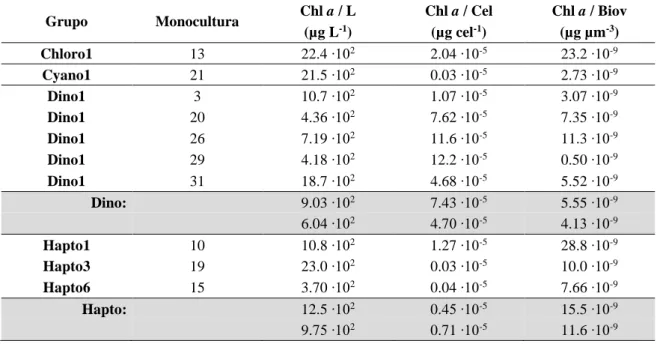 Tabela 2.7 Concentração de clorofila a por monocultura, obtida através de análise de HPLC e respetiva relação  entre a Chl a e as abundâncias (Chl a/Cél) e o biovolume (Chl a/Biov)