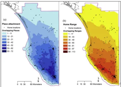 Figure 2.4. Spatial distribution of overlapping values for place attachment and home range based on hand  drawn polygons from the PPGIS survey (from Brown et al