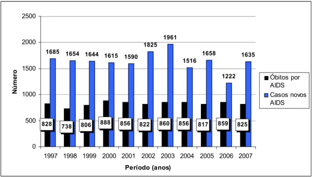 FIGURA 1 – Número de novos casos notificados e óbitos por AIDS em Minas Gerais,   no período de 1997 a 2007.