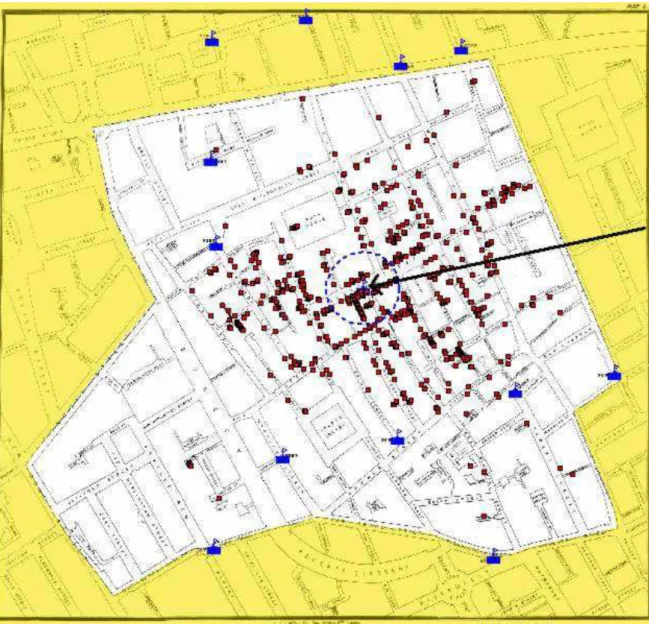 FIGURA 5  – Mapa da cidade de Londres com casos de cólera (pontos) e  poços de água (bandeiras) 