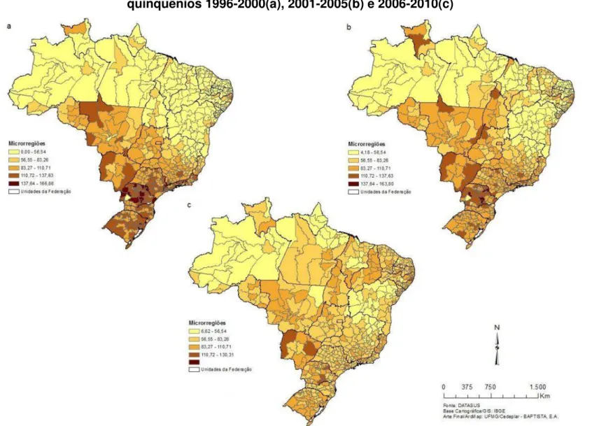 FIGURA 8  – Taxa bruta de mortalidade cardiovascular (x1000) na população adulta, mulheres, microrregiões, Brasil -  quinquênios 1996-2000(a), 2001-2005(b) e 2006-2010(c) 