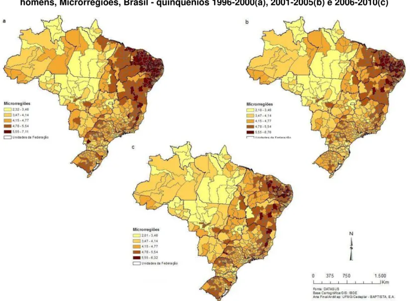 FIGURA 12  – Taxa Bruta Padronizada de mortalidade cardiovascular (x1000) na população adulta pelo método indireto,  homens, Microrregiões, Brasil - quinquênios 1996-2000(a), 2001-2005(b) e 2006-2010(c) 