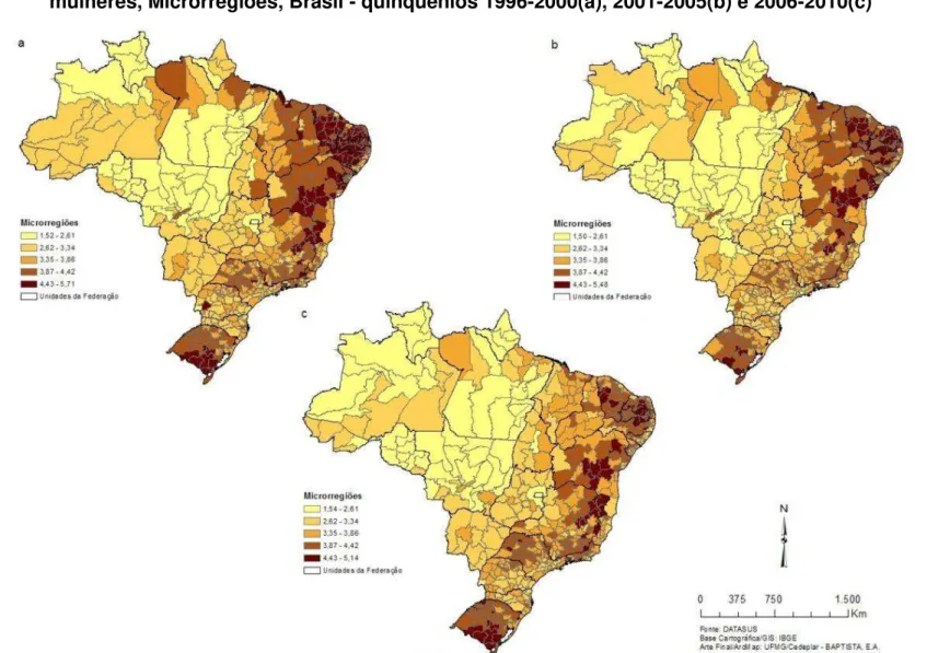 FIGURA 13  – Taxa Bruta Padronizada de mortalidade cardiovascular (x1000) na população adulta pelo método indireto,  mulheres, Microrregiões, Brasil - quinquênios 1996-2000(a), 2001-2005(b) e 2006-2010(c) 