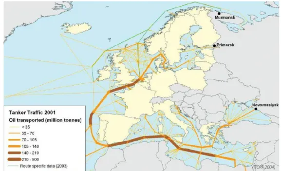 FIGURA 2: Mapa de referência para a criação da Rede de Navios de Resposta à Poluição por HC da  EMSA, ilustrativo do elevado tráfego de petroleiros, nomeadamente, na costa portuguesa