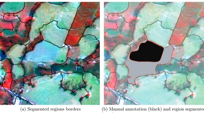 Figure 2.3: An example of a bad segmentation in concern of supervised evaluation. (a) The borders of a remote sensing image, segmented in regions