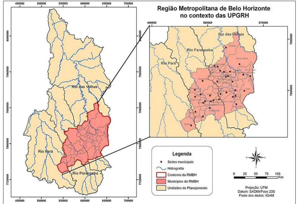 Figura 1: Região Metropolitana de Belo Horizonte no contexto das UPGRHs - Unidades de Planejamento e Gestão de Recursos Hídricos