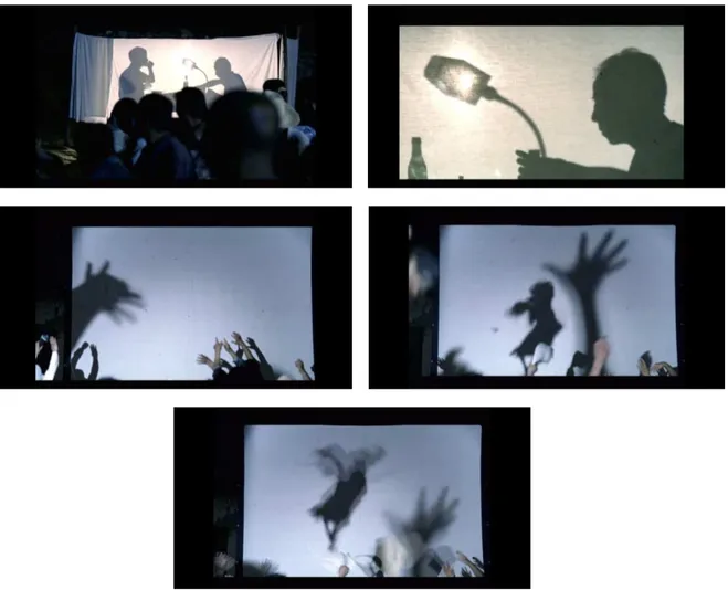 FIG. 8 a 12: Frames de  En regardant le film, de Zhang Yimou. Acima, membros da trupe jantam  atrás da tela