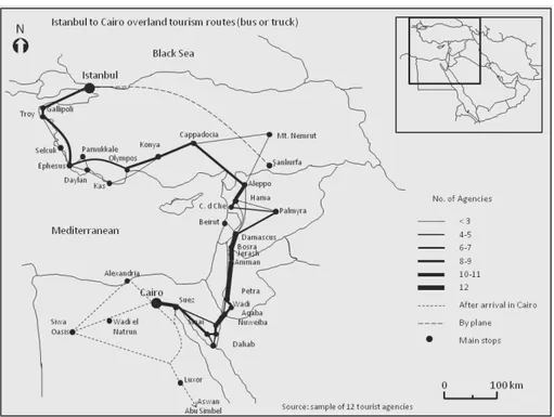 Figure 3. Istanbul to Cairo overland tourism routes (bus or truck) 