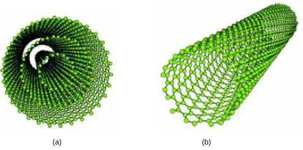 FIGURA 2.9 – (a) Nanotubo de múltiplas camadas. (b) Arranjo de átomos de carbono em uma folha  de grafite  