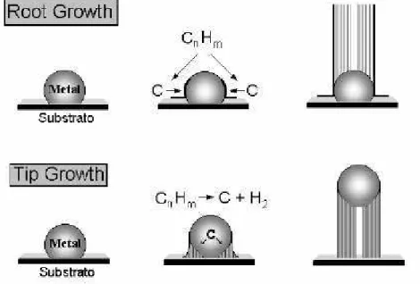FIGURA 2.19 – Tipos possíveis de crescimento dos nanotubos através da decomposição de  hidrocarbonetos sobre nanopartículas metálicas 