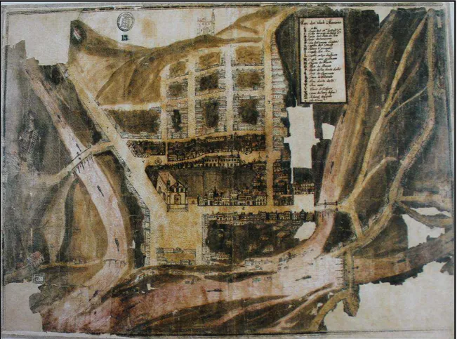Figura 24  – Mapa da Cidade de Mariana. Manuscrito e aquarela. MI (in.874) (sem data e autoria 