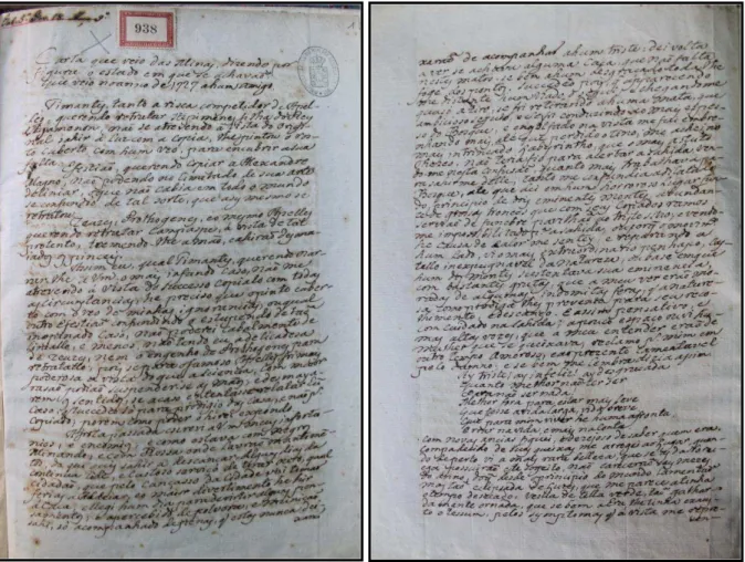 Figura 1  – Reprodução  fotográfica do manuscrito Carta que veio das minas, dizendo por figura o estado em que 