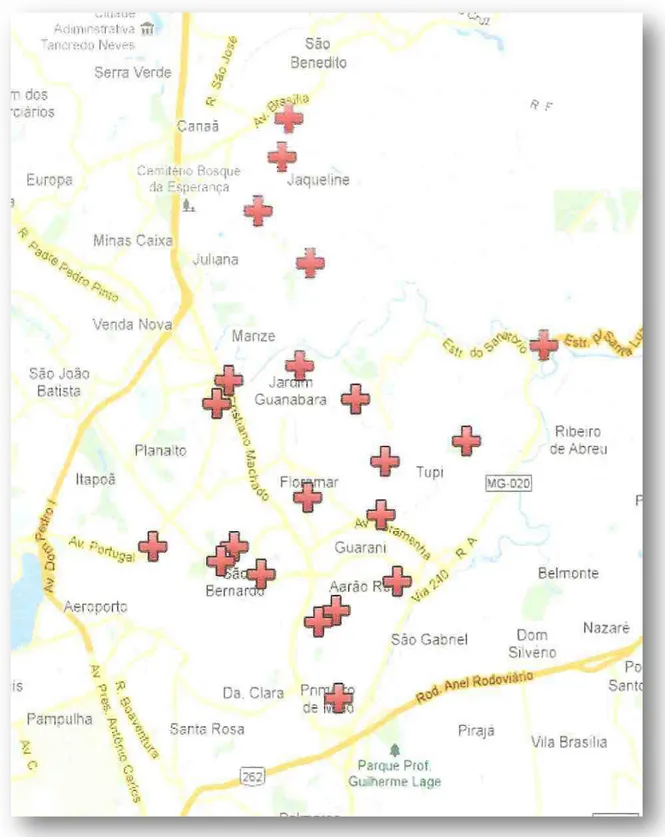 Figura 1 – Distribuição das Unidades Básicas de Saúde no Distrito Sanitário Norte (DISAN)  Fonte: Google Mapas