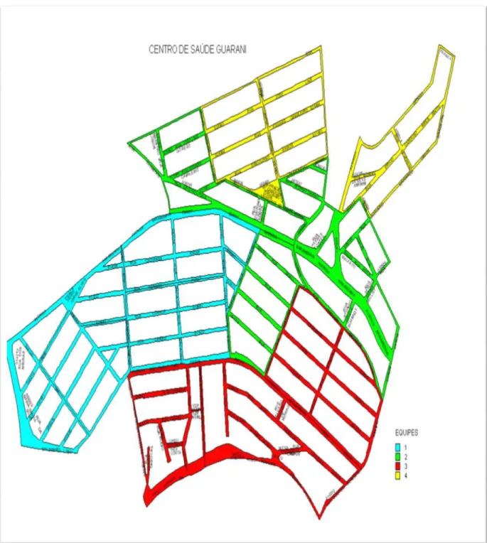 Figura 2 - Mapa do território de abrangência da UBS dividido entre as quatro equipes.  Fonte: Mapa fornecido pela Gerência de Atenção à Saúde do Distrito Norte (GERASAN) da Secretaria  Municipal de Saúde de Belo Horizonte (MG)