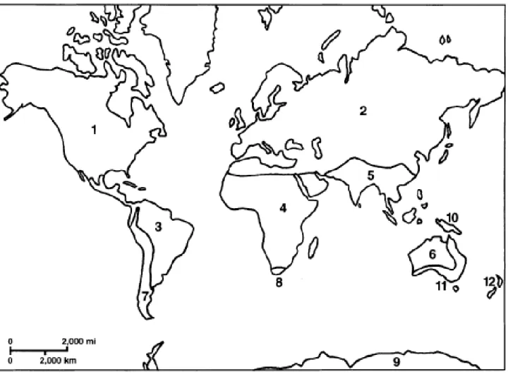 Figura 5. Regiões biogeográficas (adaptado de Morrone 2002). Legenda: 1–2- Reino  Holártico ( = Laurásia): 1- Regiao Neártica; 2- Regição Paleártica