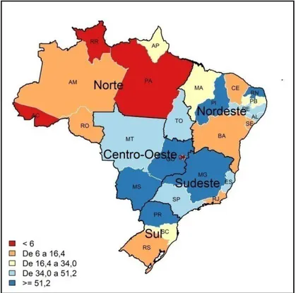 Figura 1: Mapa com a distribuição geográfica da porcentagem de ocupação do Curso EaD do Projeto  “Para Elas”