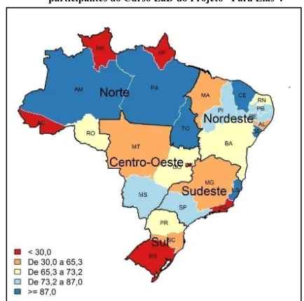 Figura 2 -Mapa com a distribuição geográfica da porcentagem de notificação segundo os  participantes do Curso EaD do Projeto  “Para Elas”