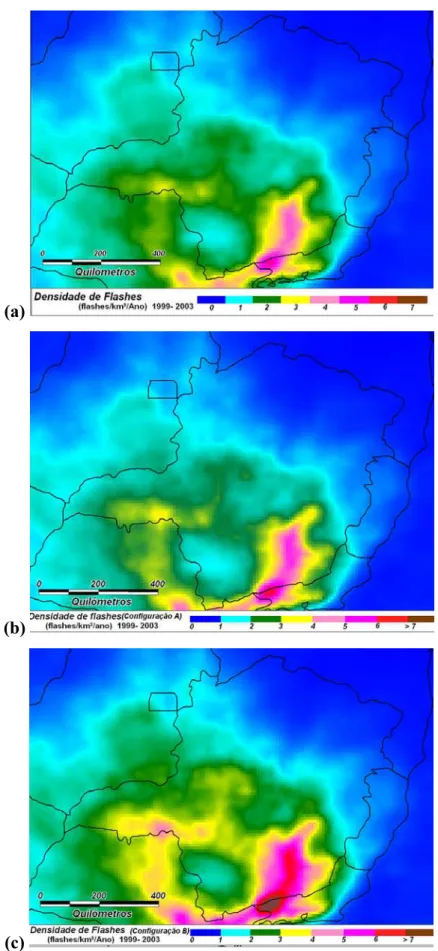 Fig. 5.8 – Mapas de densidade de flashes constituídos a partir de diferentes critérios de  agrupamento (gradeado 20x20 km 2 )