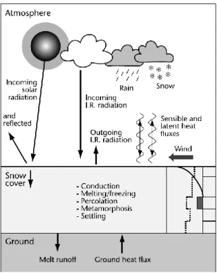 Figura 1.1 - Fluxos de massa e energia entre a neve, a atmosfera e o solo ( Pomeroy e Brun, 2001).