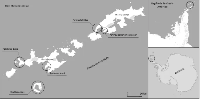 Figura 2.1 - Localização das áreas de pormenor nas ilhas Shetlands do Sul. 