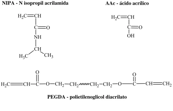 Figura 3. 3 - Representação da estrutura plana da unidade de repetição dos  monômeros do N- isopropil acrilamida, ácido acrílico e polietilenoglicol diacrilato