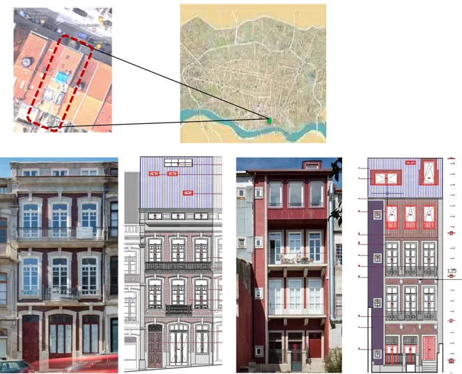 Figura 47 – Localização na cidade do Porto e alçados (frontal e tardoz) do edifício 