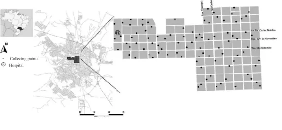 Figure 1. Location of the city of São Carlos, São Paulo state, Brazil, highlighting the study area and the points of  data collection