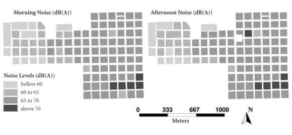 Figure 2. Acoustical classes of the urban blocks in the city of São Carlos, SP, in the mornings (7 to 8 a.m.) and in  the afternoons (5:30 to 18:30 p.m.), by ranges of conformity.