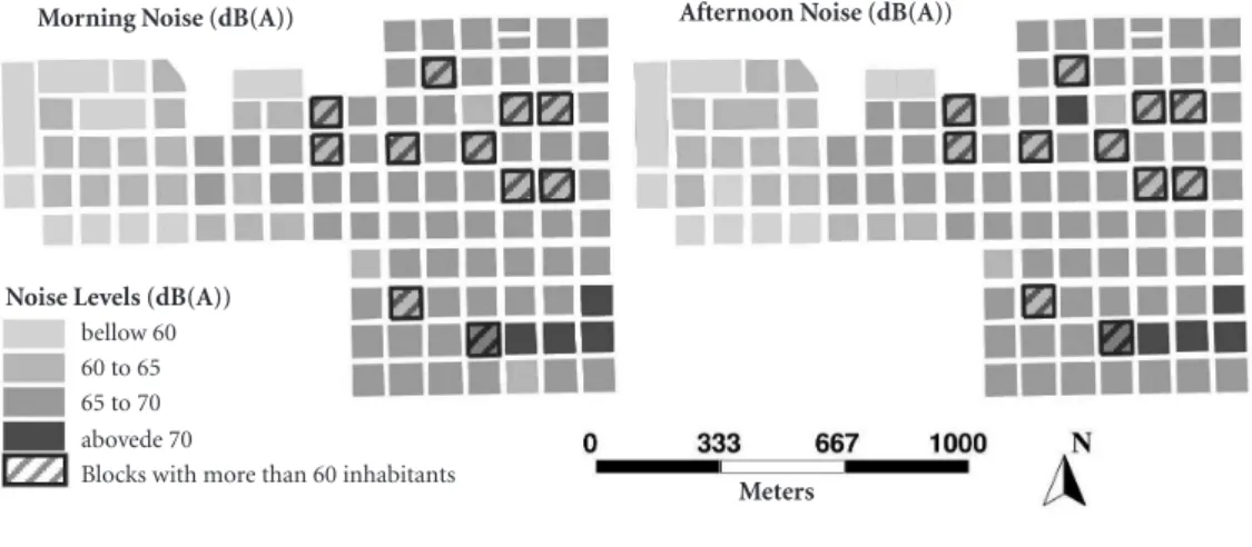 Figure 5. Classes of number of persons exposed to environmental noise per urban blocks in the city of São  Carlos, SP, highlighting those where the population is exposed to noise levels above 70 dB(A).