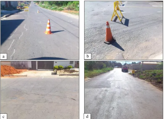 Figura  3.20.  Defeitos  superficiais  levantados  em  campo  em  junho  de  2014:  (a) Trincas  longitudinais  em  trilhas;  (b)Trincas  tipo  couro  de  jacaré;  (c)Trinca  longitudinal;  (d)  Remendos;