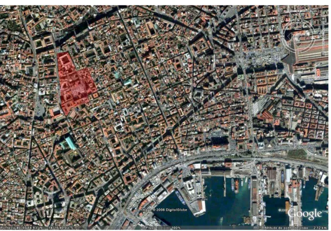 FIGURA  5.  Mapa  do  centro  histórico  da  cidade  de  Nápoles,  com  a  área  objeto  de  estudo  sombreada  em  vermelho