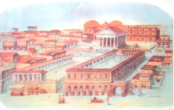 FIGURA 15. Ilustração da Neapolis do século I d.C., com destaque para o Tempio di Dioscuri e a área do 