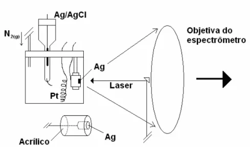 Figura 2. 1:  Montagem experimental  para  obtenção  dos  espectros  SER  com  aplicação  de  potencial e visão expandida do eletrodo de trabalho