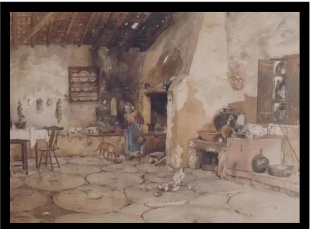 Figura 56 - Interior – cozinha com velha e cão, Alfredo Roque Gameiro, Aguarela sobre papel, 1909  (LEILÕES, 2004, nº 242).