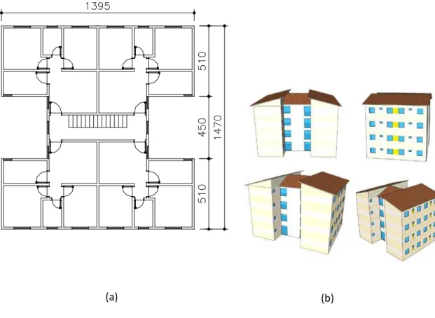 Figura 3.2 - Projeto adotado: (a) Planta do pavimento típico e (b) perspectivas. 