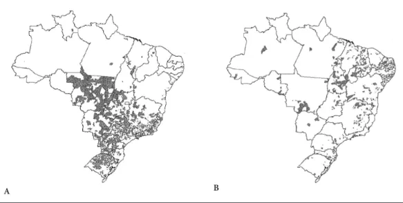 Figure 1. A - Distribution of the municipalities that received physicians from the Mais Médicos Program without  priority or vulnerability criteria