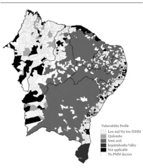 Figure 3 shows the distribution of doctors  by nationality, dividing the municipalities into  those that received: (i) only Cuban doctors, (ii)  only Brazilian doctors, (iii) only exchange  doc-tors, (iv) Cubans and exchange docdoc-tors, (v)  Bra-zilian an