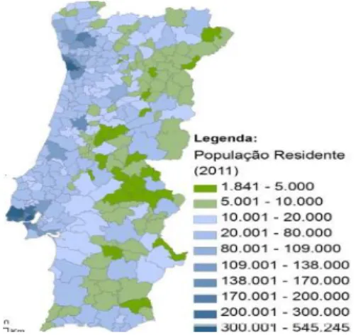 Figura 2. População residente em Portugal, 2011  (Santana &amp; Costa, 2012) 