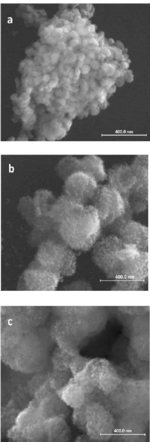 Figura 2.5. Imagens de MEV  (a) óxido de ferro puro (b) óxido de ferro dopado com vanádio e (c) óxido  de ferro dopado com V após tratamento com H 2 O 2 