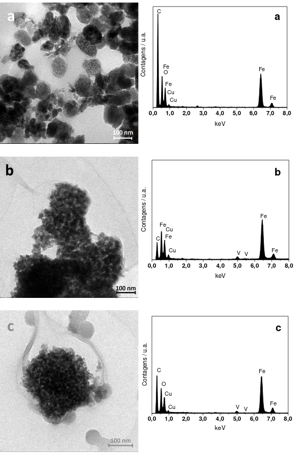 Figura  2.6.  Imagens  de  MET  e  análise  EDS  de  (a)  óxido  de  ferro  puro,  (b)  óxido  de  ferro 