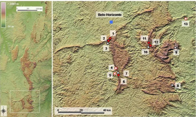 Figura  1  –  Relevo  da  região  Ferrífero. Foram investigados 1 MoçaP 1 e 2) cangas; 3) quartzit canga; 7) quartzito