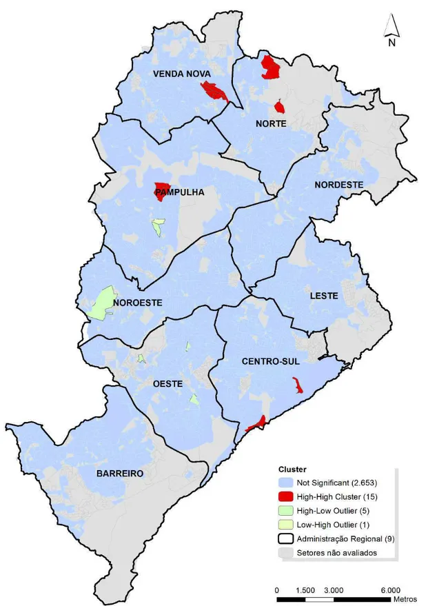 Figura  5  –  Clusters  Espaciais  –  LISA  de  comprometimento  da  renda  domiciliar,  setores censitários de Belo Horizonte 2010 