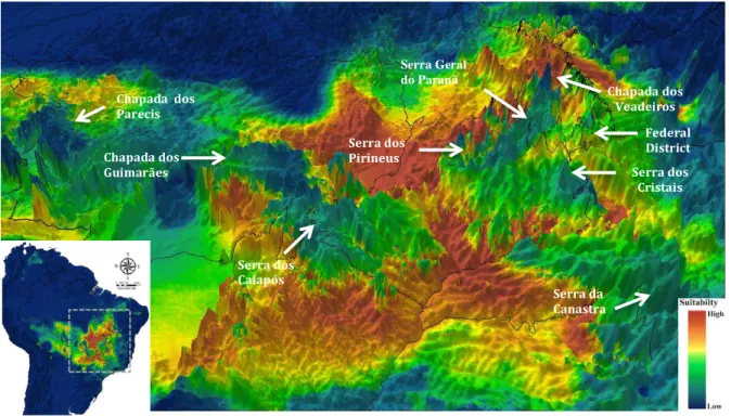 Figure  3.  Predictions  of  suitable  areas  for  the  occurrence  of  tree  species  of  typical  cerrado  vegetation during the Last Glacial Maximum (LGM
