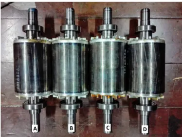 Figure 4 - Prototype for each of the models analyzed. 4a) Rotor with skewed bars; 4b) Rotor with  straight bars; 4c) Rotor with straight bars and middle ring; 4d) Rotor with skewed bars and  middle ring