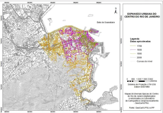 Figura  15  -  Mapa  síntese  de  comparação  da  expansão  urbana  do  Centro  entre  1769  e  2008