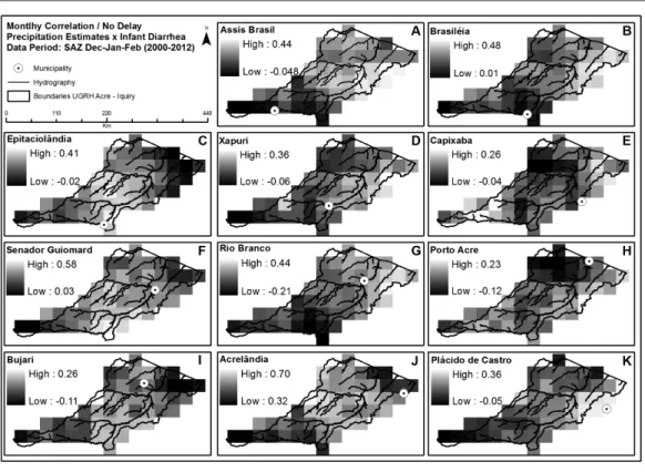 Figure 3 b and k show overlapping between  the rainfall pixel and the cities, Epitaciolândia  and Plácido de Castro, suggesting that the rainfall  in that period had an influence in the diarrhea  cases in these cities