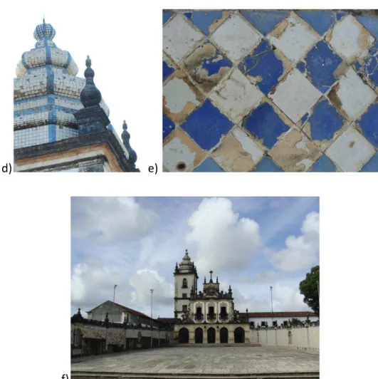 FIGURA 7 (a,b,c,d,e,f): Detalhes dos revestimentos cerâmicos da torre e do adro do Convento de Santo Antônio, em João 