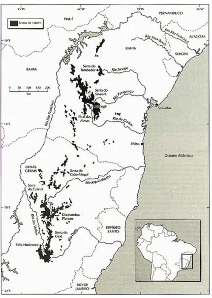 Fig. 29: Mapa da Cadeia do Espinhaço, mostrando as elevações acima da cota de 1000 metros