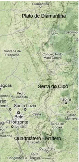 Fig. 30: Mapa da região do Espinhaço Meridional, englobando a região do platô de Diamantina,  a Serra do Cipó e o Quadrilátero Ferrífero